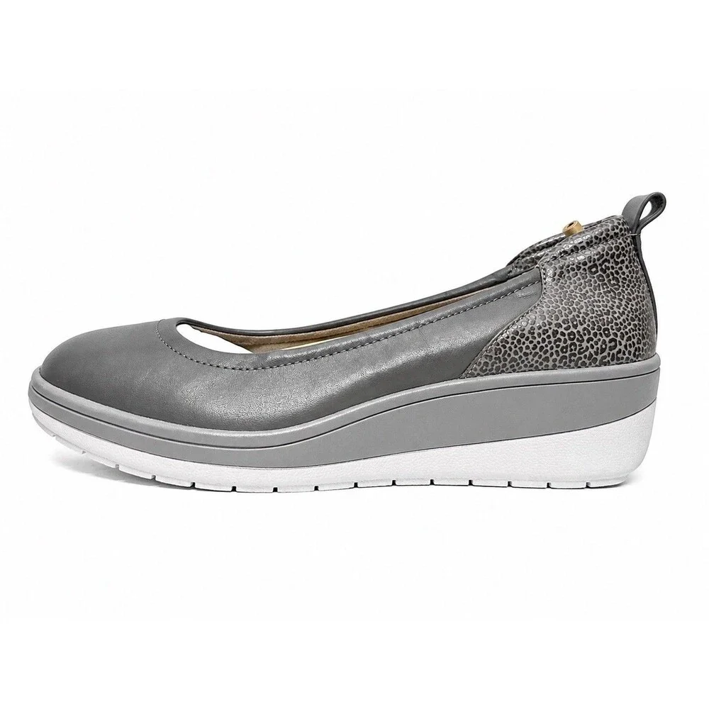 NEW Vionic Jacey Womens Size 6 WIDE Gray Leopard Leather Arch Support Wedge Pump